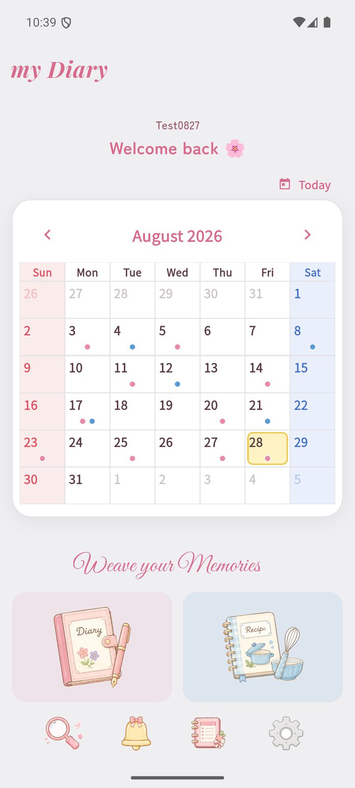 The my Diary calendar screen, with colour on the days that have entries
