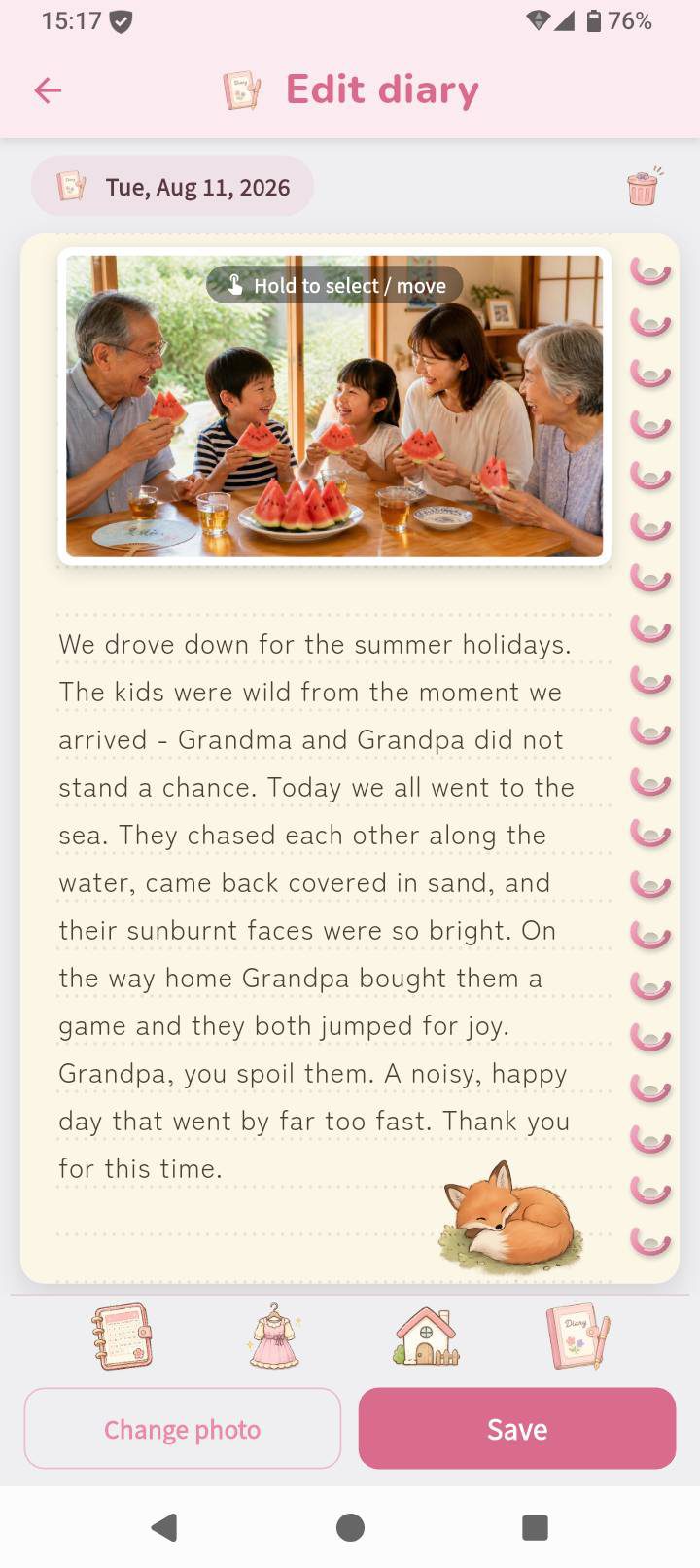 A diary page with a photo, handwritten-style text and an illustration