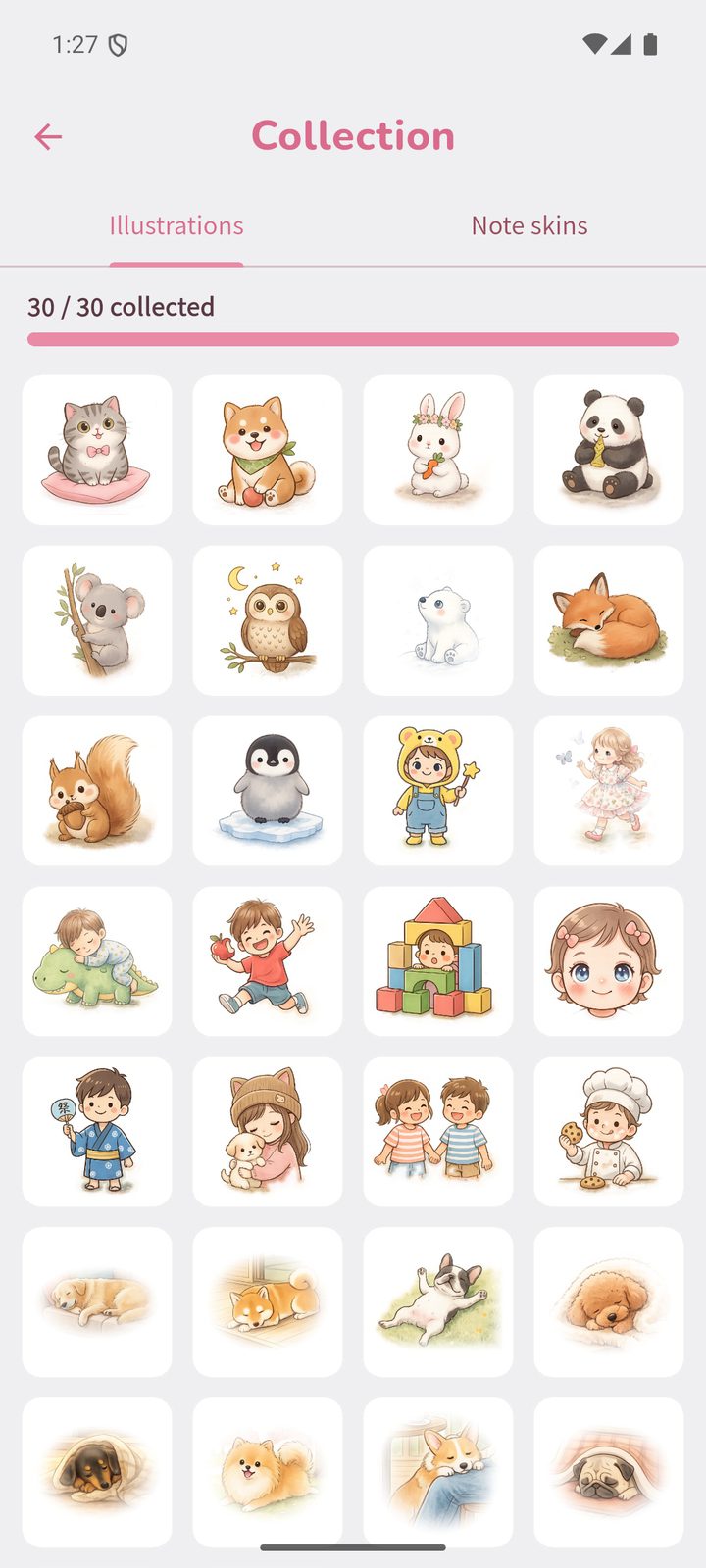 The collection screen, showing illustrations that have been collected