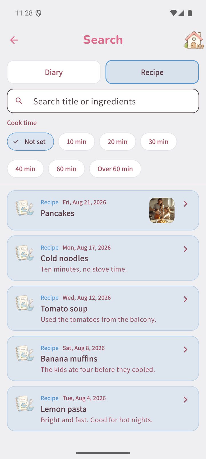 The search screen, with filters for ingredients and cooking time